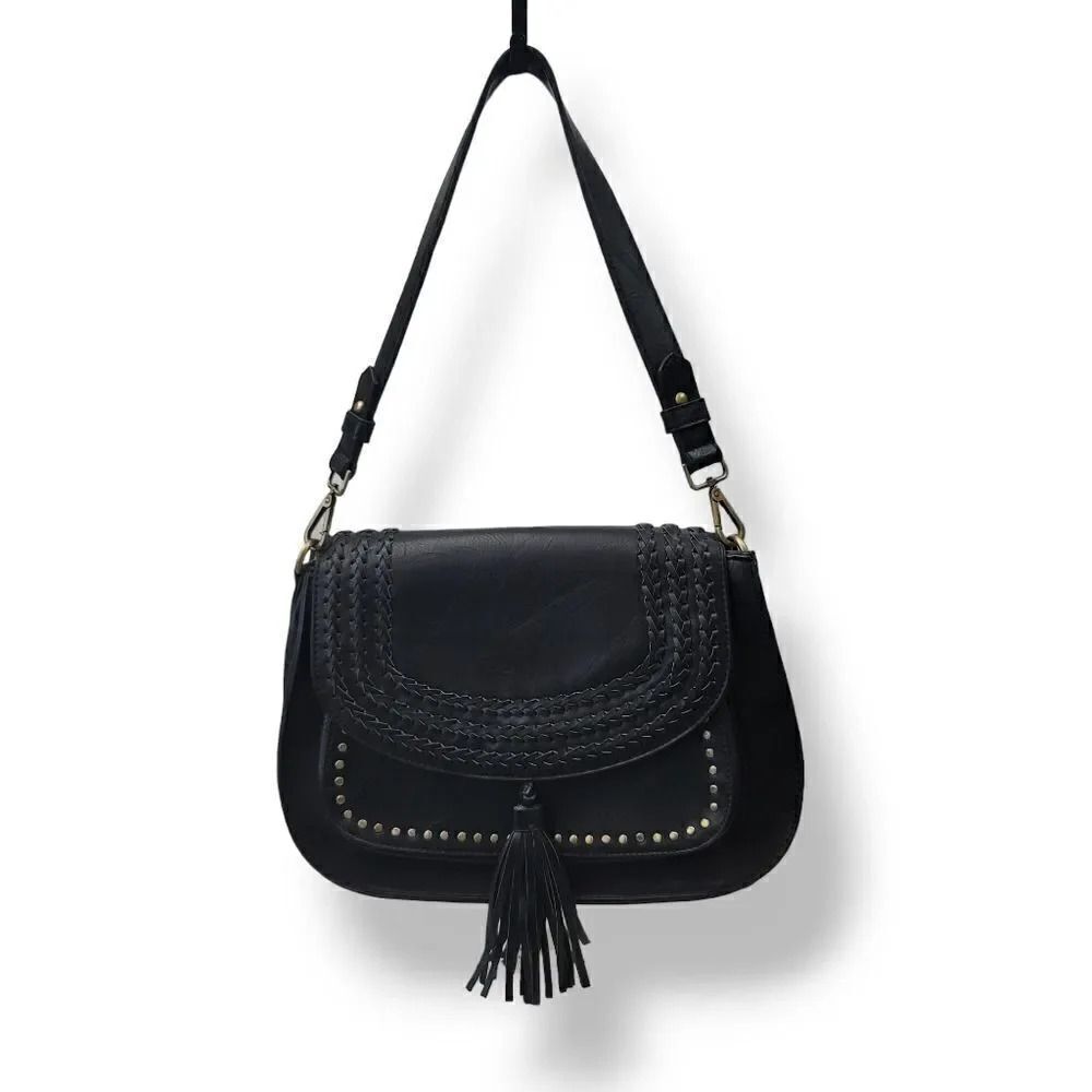 Antik Kraft Vegan Leather Studded Fringe Saddle Bag in Black